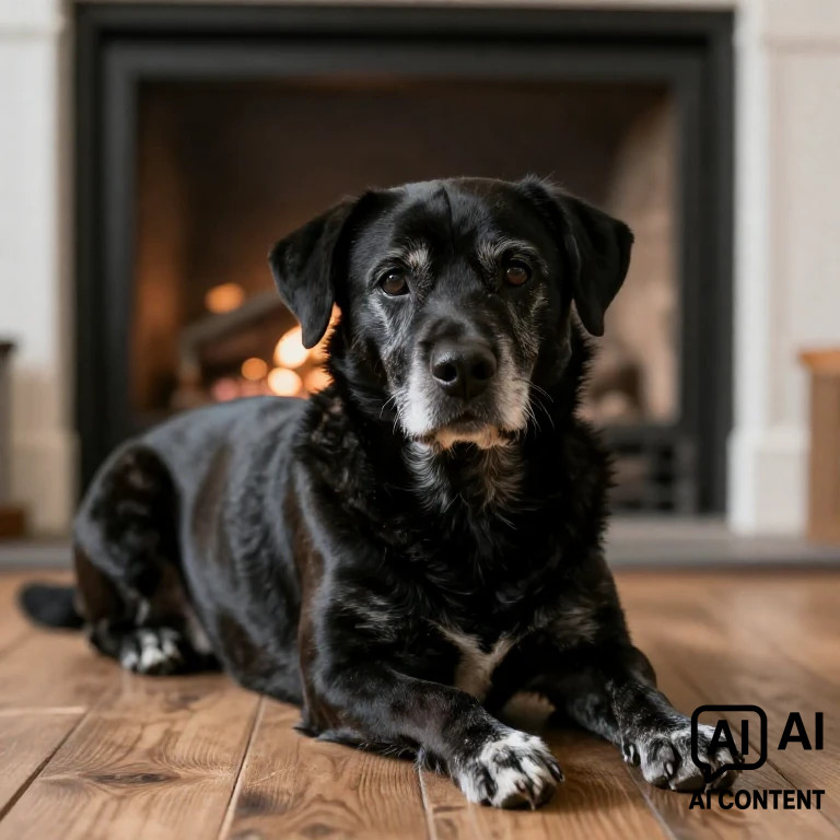 Ein schwarzer, sichtbar etwas älterer Hund mit grauer Schnauze und grauen Pfoten liegt vor einem Kamin.