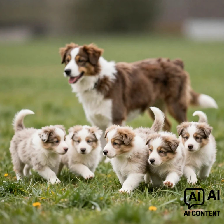 5 braun-weiße, langhaarige Hundewelpen laufen über eine grüne Wiese. Ein großer, braun-weißer, langhaariger Hund steht dahinter.