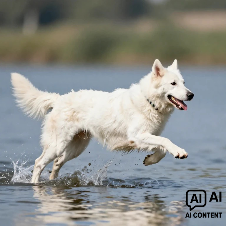 Ein großer weißer Schäferhund springt durchs Wasser.