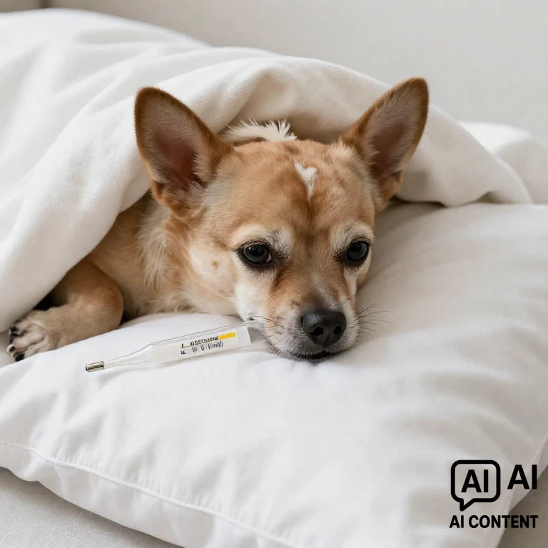 Ein kleiner brauner Hund liegt unter einer weißen Decke und hat seinen Kopf auf einem weißen Kopfkissen. Im Maul hat er ein Fieberthermometer.