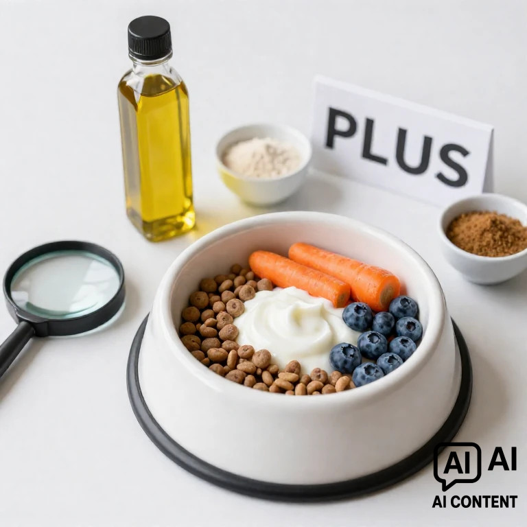 in einem weißen Hundenapf sind 2 Möhren, ein paar Heidelbeeren, ein Klecks Joghurt und etwas Trockenfutter zu sehen. Links neben dem Napf liegt eine Lupe, oberhalb steht eine Flasche mit Öl, sowie zwei kleine Schälchen mit Pulver. Ein Schild mit der Aufschrift PLUS steht dabei. Der Hintergrund ist weiß.