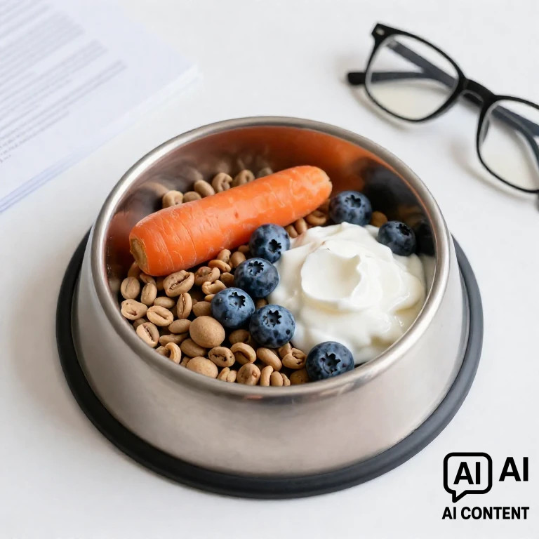 In einem Hundenapf ist etwas Trockenfutter, eine Möhre, ein paar Heidelbeeren und etwas Joghurt. Neben dem Napf liegt eine Brille. Der Hintergrund ist weiß.