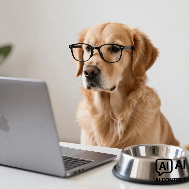 Ein Golden Retriever trägt eine Brille und schaut in einen Laptop, der auf einem Schreibtisch steht. Neben dem Laptop steht ein Hundenapf.